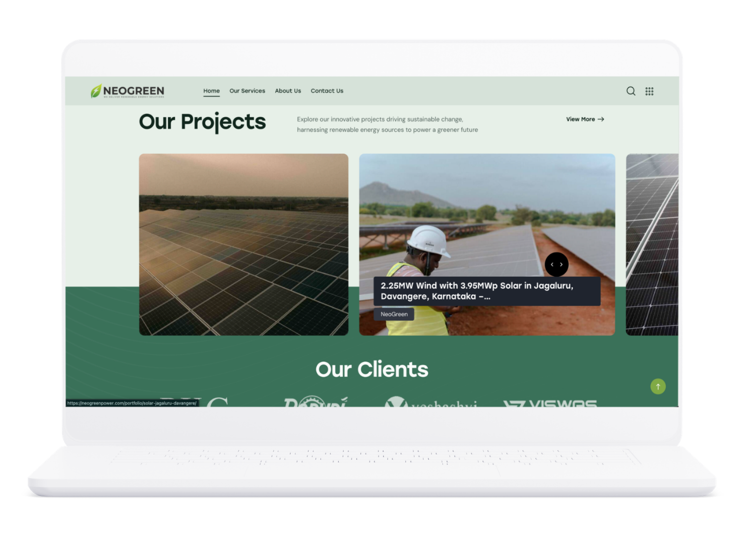 NeoGreen Power website projects section featuring solar installations
