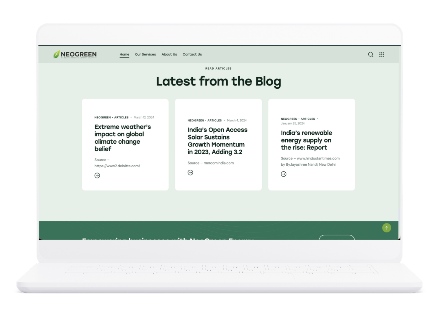 NeoGreen Power website blog section with renewable energy articles