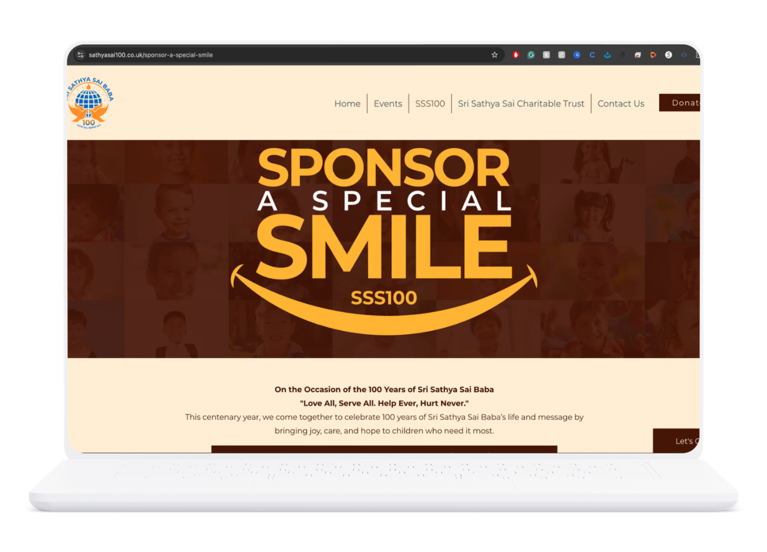 Sri Sathya Sai Baba 100 website page for the Sponsor a Special Smile campaign