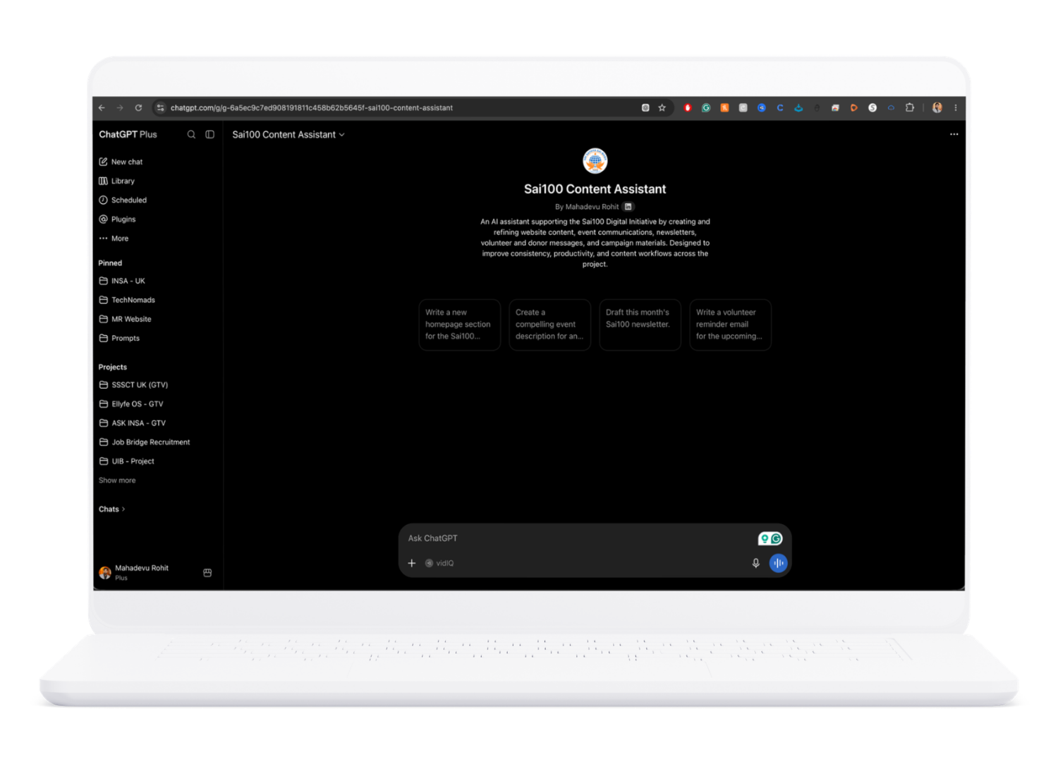 Sai100 Content Assistant, a custom ChatGPT assistant for website, event and newsletter content